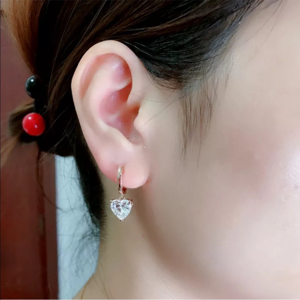 CZ Heart Dangle Earrings Crystal Drop Hoop Women - Picture 5 of 5